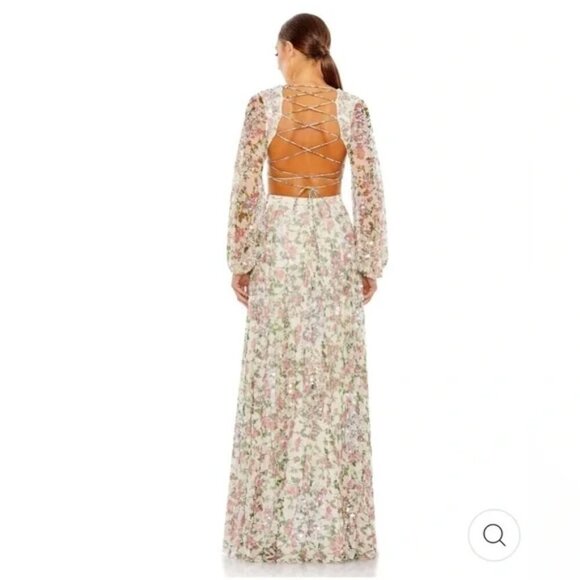 NWT Mac Duggal Sequined Floral Print Cut Out Lace Up Gown Size 6 - Picture 6 of 17